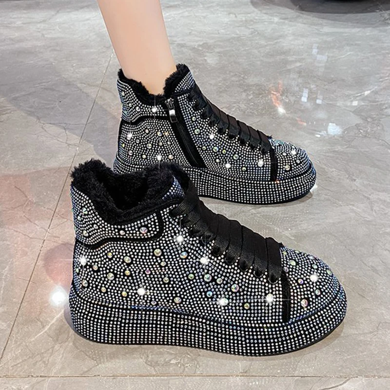 New Rhinestone Women High Top Winter Warm Plush Lined Casual Boots 4.5CM Increased Warmth Waterproof Casual Cotton Shoes 35-40