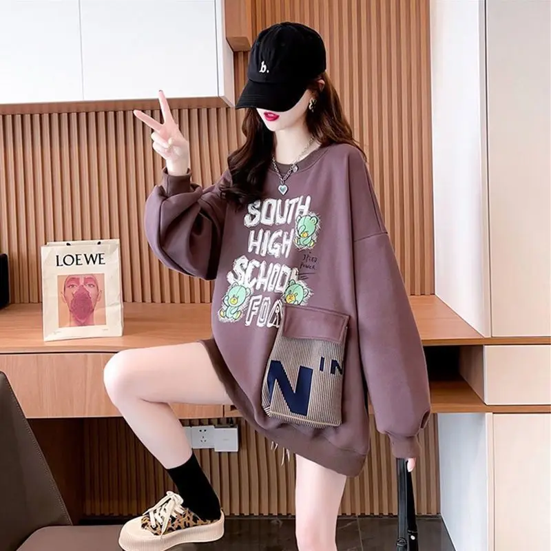 High Quality Loose Spliced Pockets Printed Letter T-Shirt Female Clothing Autumn New Casual Pullovers Korean Asymmetrical Tee