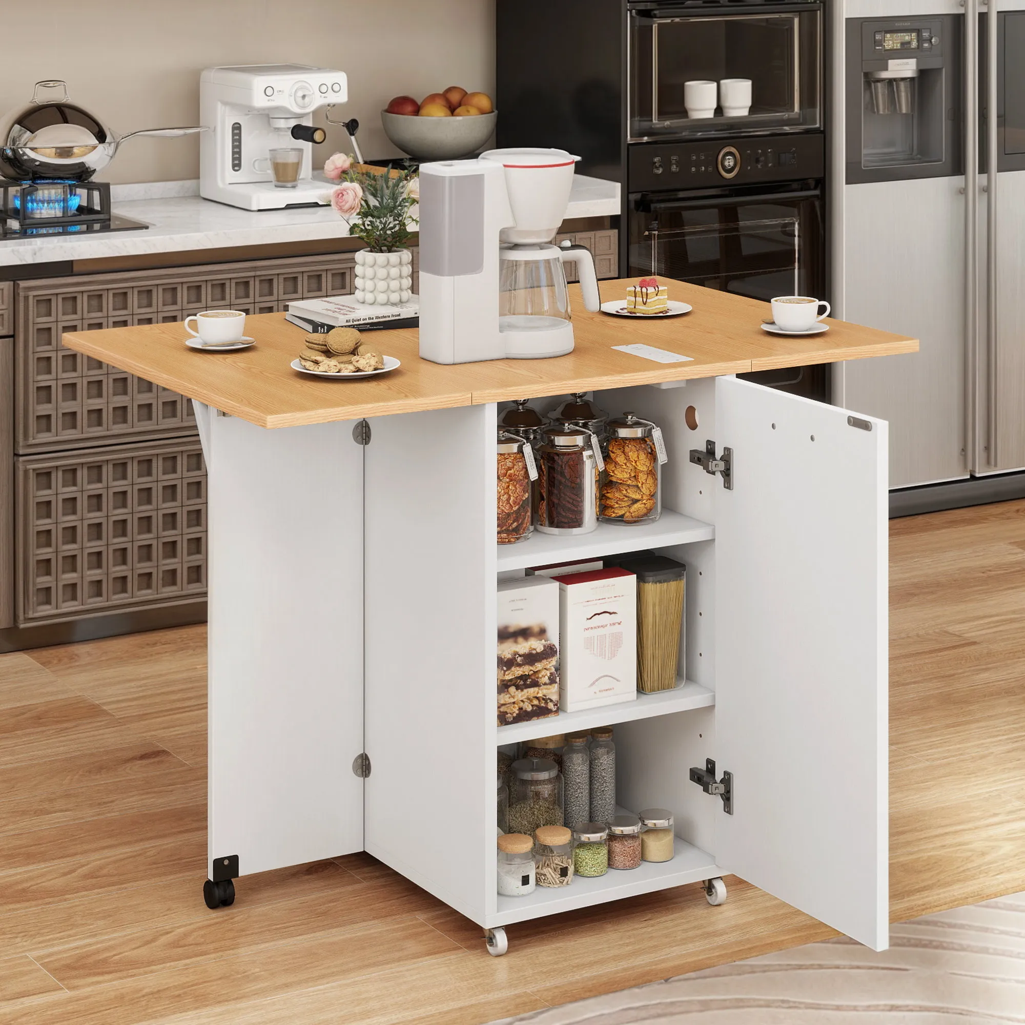 Kitchen Island Cart Rolling Folding Kitchen Cart with Trash Can & Power Outlet