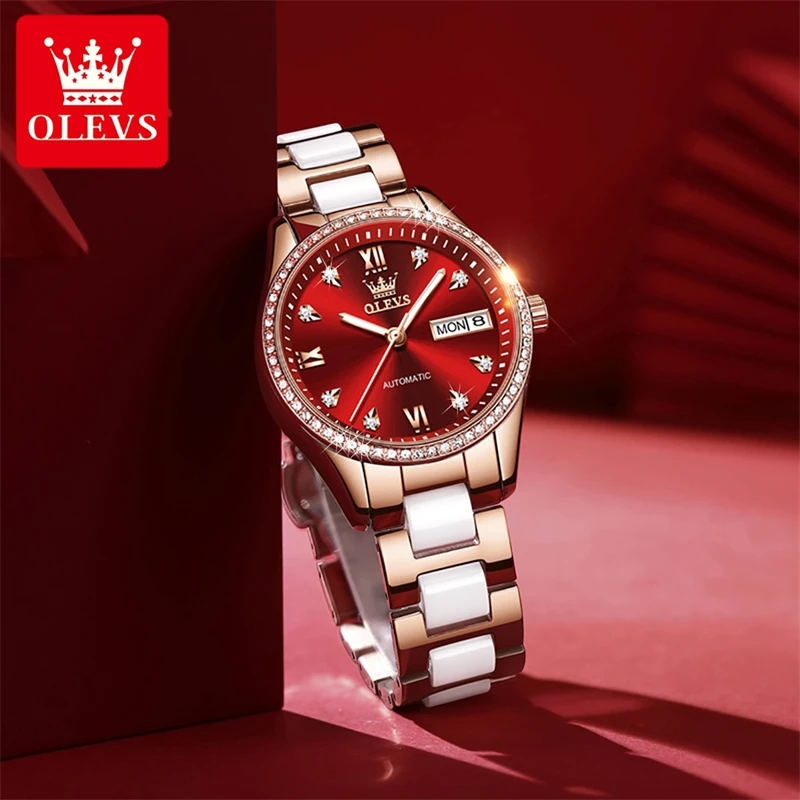 OLEVS Fashion Women Mechanical Watches Luxury Diamond Ceramic Strap Waterproof Luminous Week Calendar Automatic Watch For Women