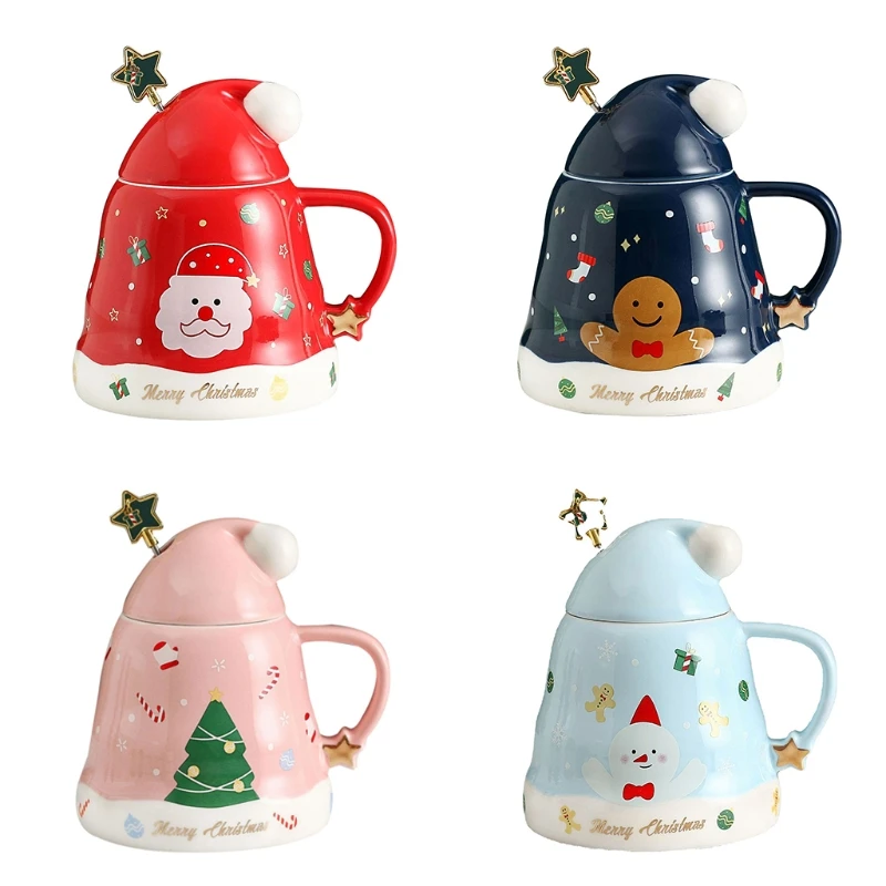 

500ml for Creative Christmas Hat Ceramic Coffee Mug with Lid and Spoon Cartoon Santa Snowman Print Water Tea Milk Cup Xmas