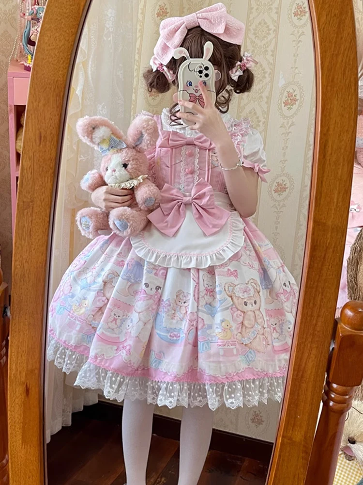 KIMOKOKM Kawaii Lolita Ruffles Apron Camisole Dress Sweetheart Princess Cartoon Printing Bow Vitality Girly Loli Mini Dresses