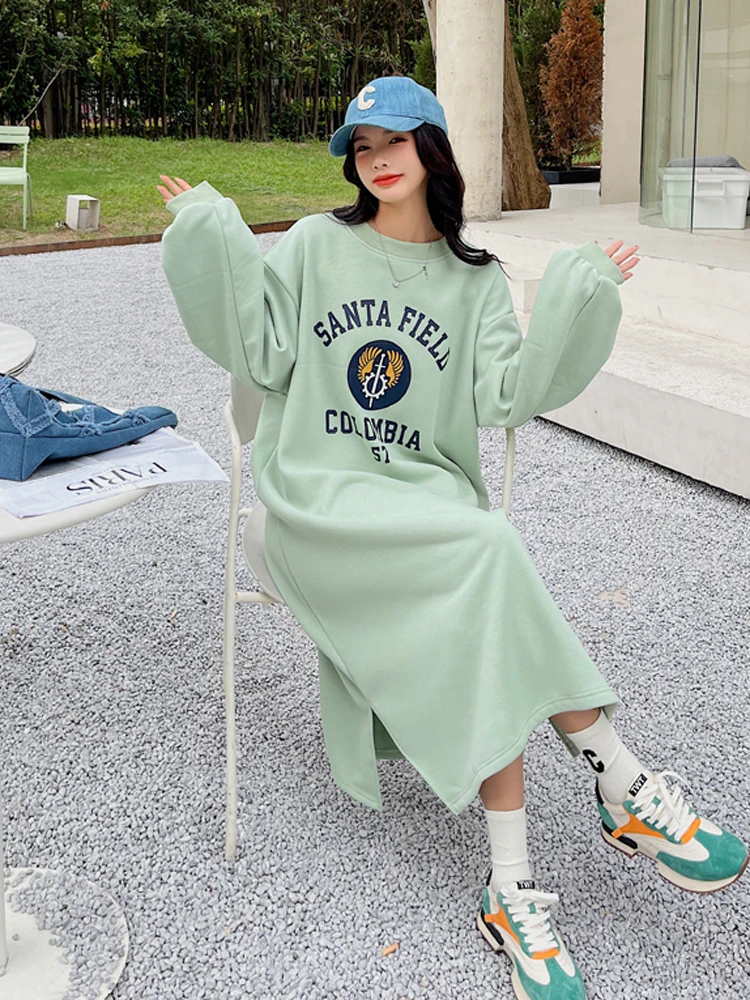 

Winter Warm Korean Woman Sweatshirt Dress Elbise Loose Plus Size Fleece Thickening Printed Long Sleeve Hoodies Dresses For Women