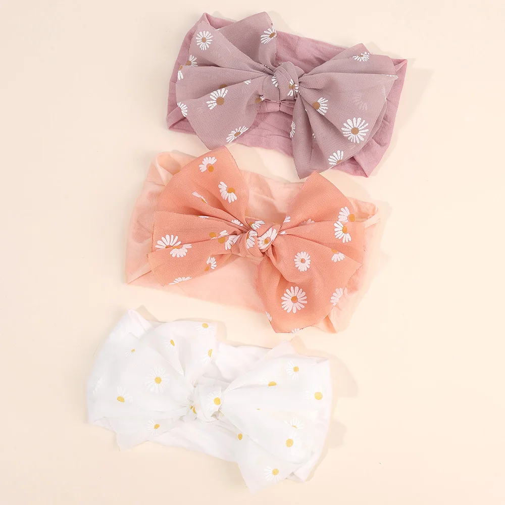 3Pcs Baby Wide Elastic Headband Infant Large Bow Head Band Flower Print Soft Stretchy Wide Hairband For Toddler Hair Accessories