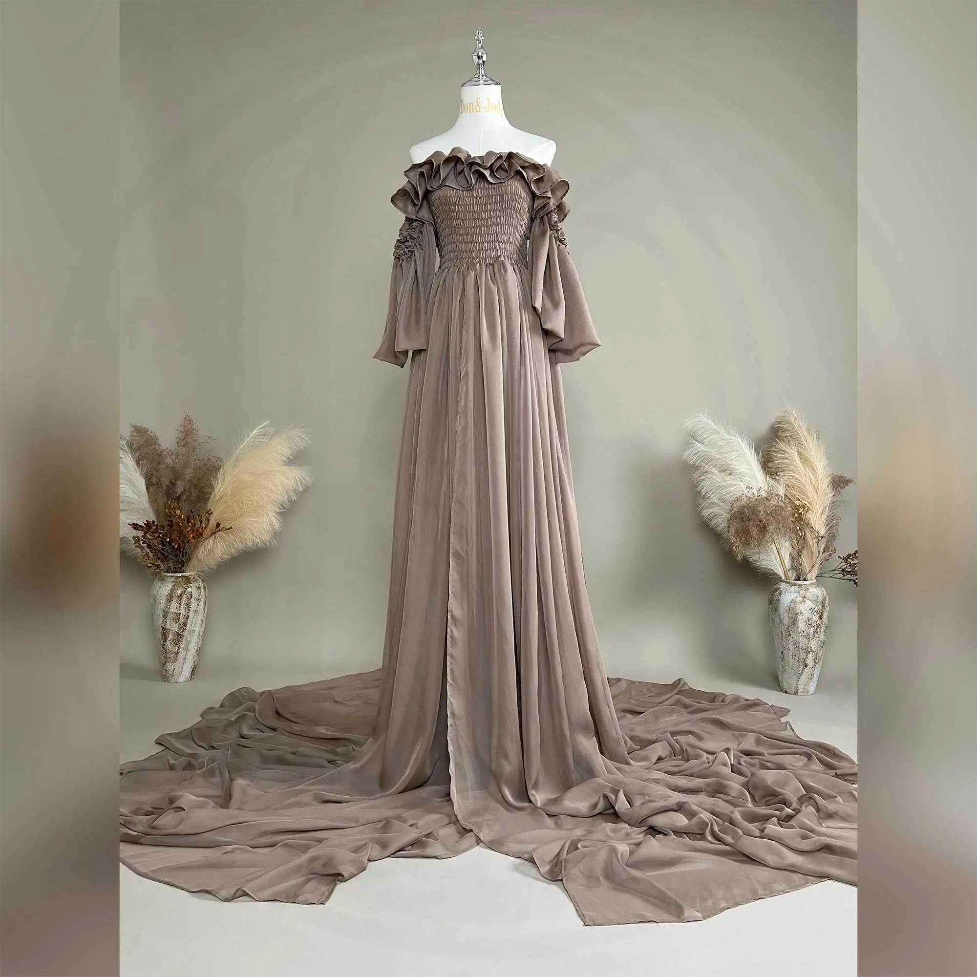 Don&Judy Partykleid für Damen, schulterfreies Kleid, vorne geschlickte Kleidung für schwangere Frauen, Hochzeitskleid für Fotoshootings – Detail 5