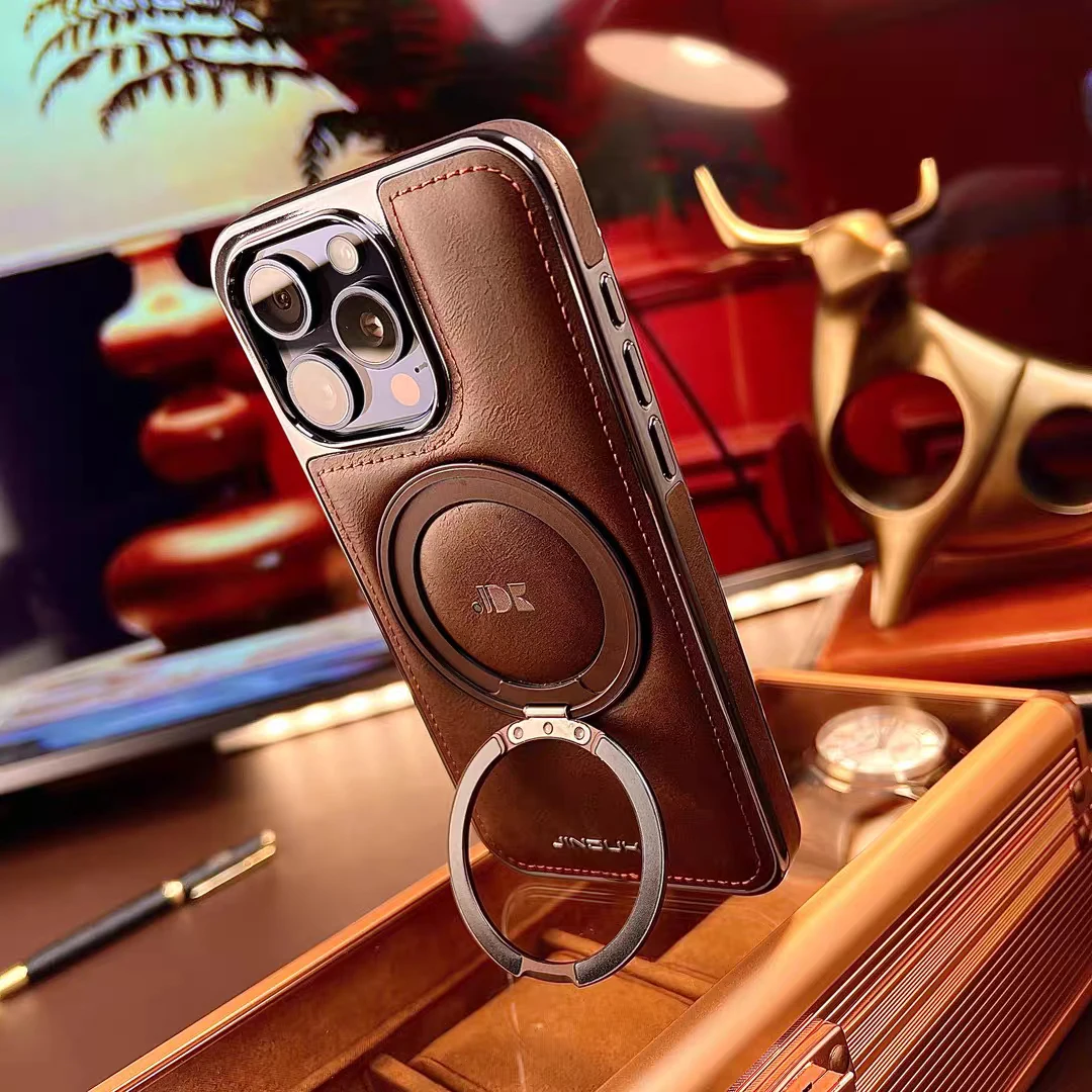 Elegant Leather MagSafe Phone Case with 360° Ring Stand and Wireless Charging Compatibility