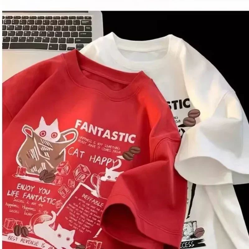 Model wearing cartoon print T-shirt showing the back