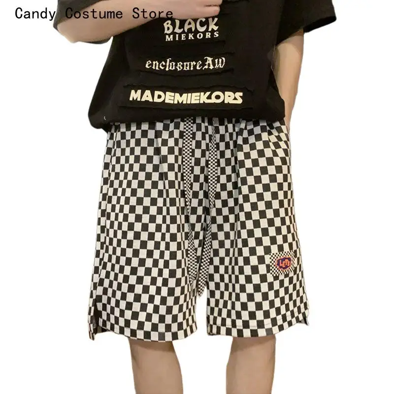 Wide Leg Shorts Men's Breeches Loose Casual Hip Hop Plaid Korean Style American High Street Half Pants Y2k Clothes