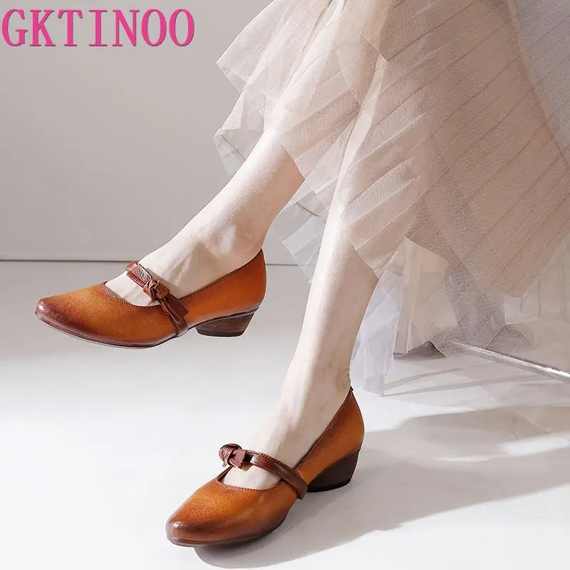 

GKTINOO Brand Shoes Thick Heel Ladies Pumps 2023 Genuine Leather Pointed Toe Square Heels Party Handmade Shoes Women