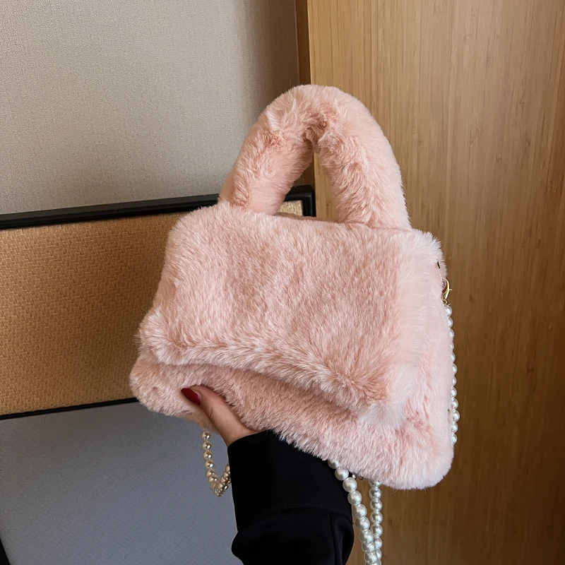 

Женская сумка с жемчужной цепочкой, плюшевая сумка, новая зимняя модная сумка на плечо из шерсти, сумка-мессенджер, кошелек, дизайнерские сумки через плечо Bolsa