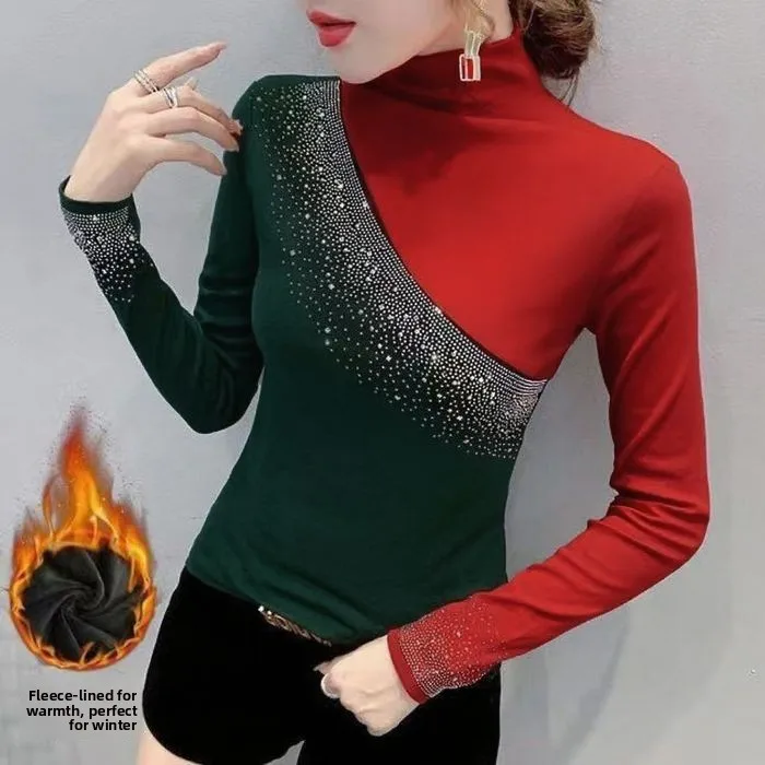 Green fleece-lined 708 [color block t-shirt with hotfix rhinestones - trendy top]