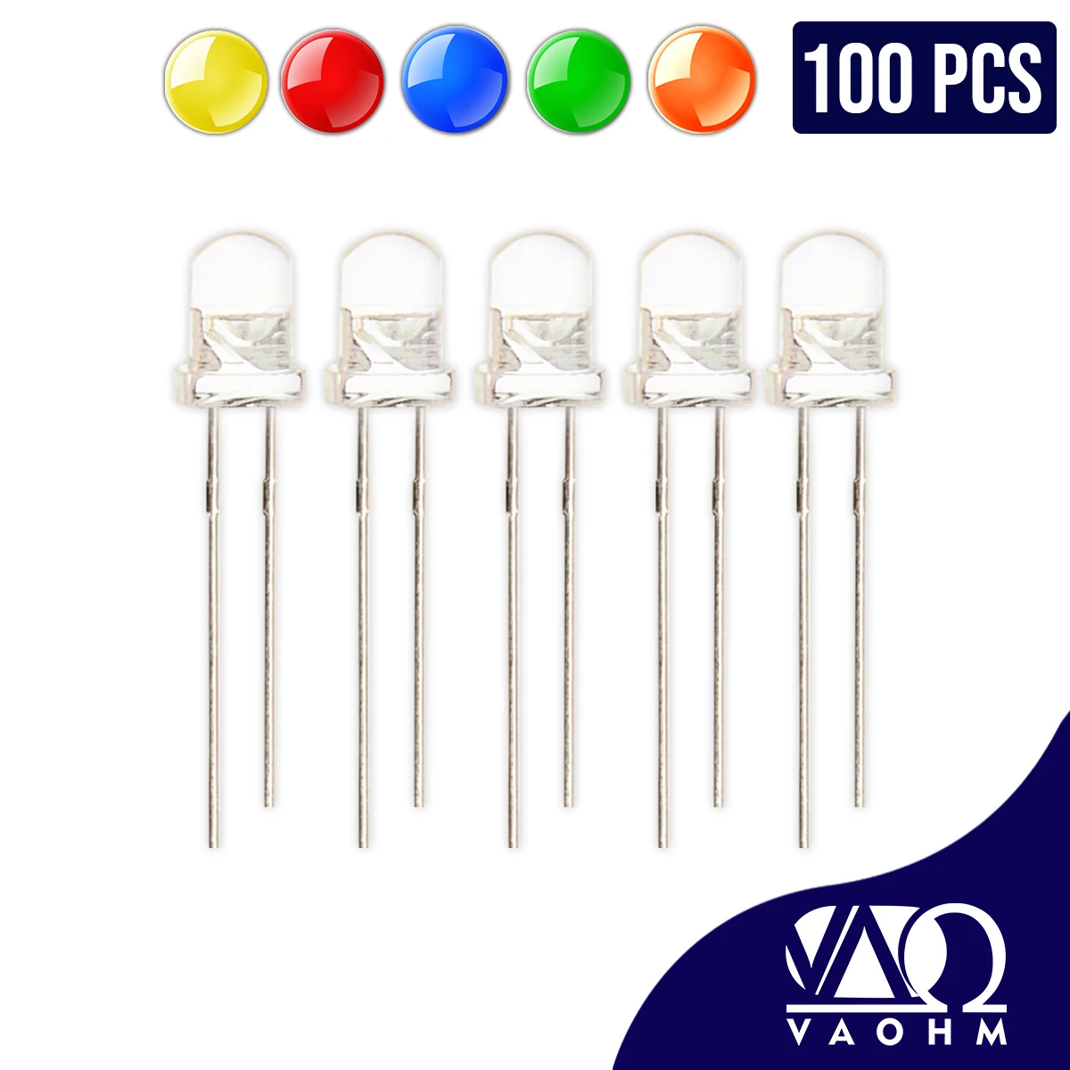 

100PCS LED F5 Water Clear Round 5mm Light Emitting Diode (RED/BLUE/GREEN/ORANGE/YELLOW/WHITE)