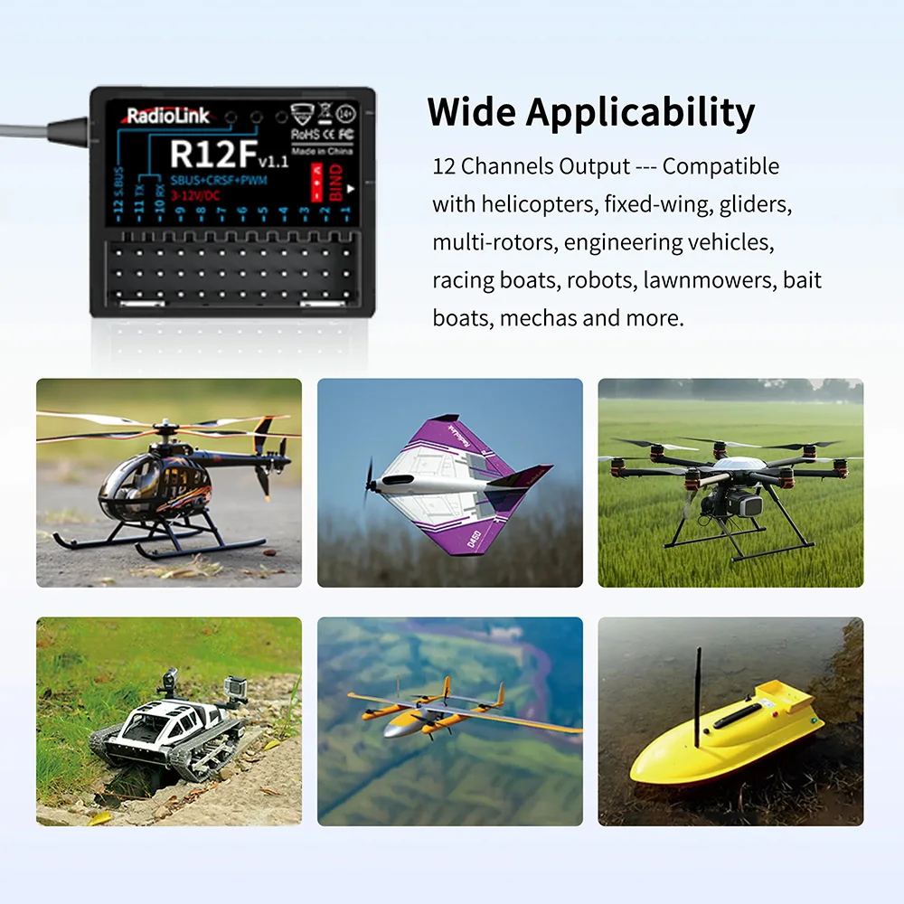Récepteur Radiolink R12F avec antennes déployées, idéal pour drone ou avion RC longue portée