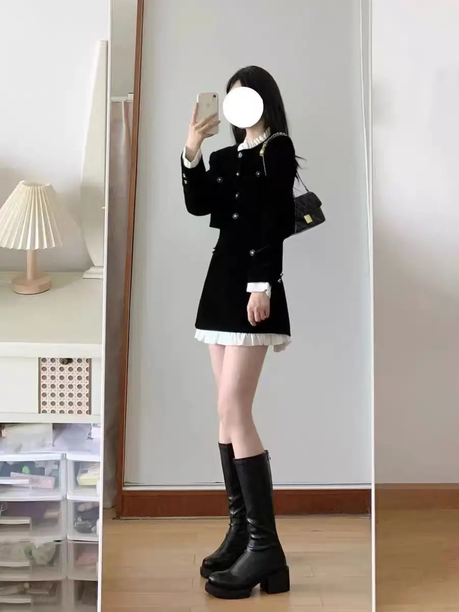 Elegant Black Velvet Two-piece Skirt Sets Long Sleeve Cropped Top Bodycon Mini Skirt Ruffles Korean Fashion Autumn Spring Outfit