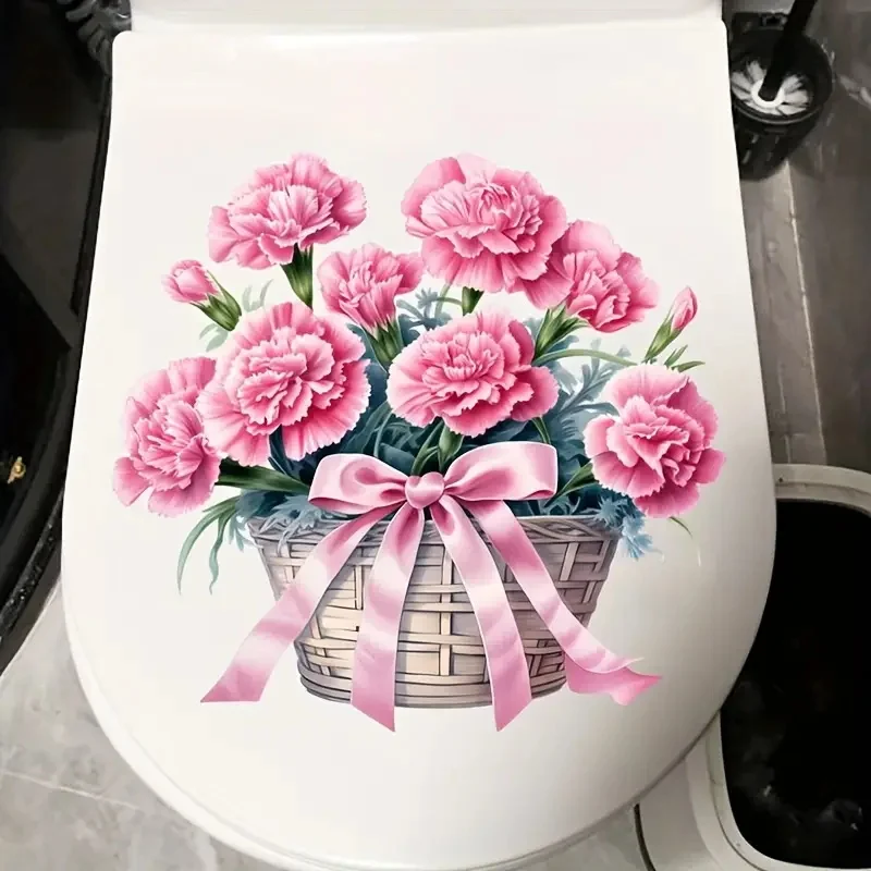 Vinyl Stickers Toilet Stickers Toilet Wall Stickers Pink Flower Basket Toilet Stickers Decoration Living Room Bedroom Home Decor Flowers Wall Decals Self-Adhesive