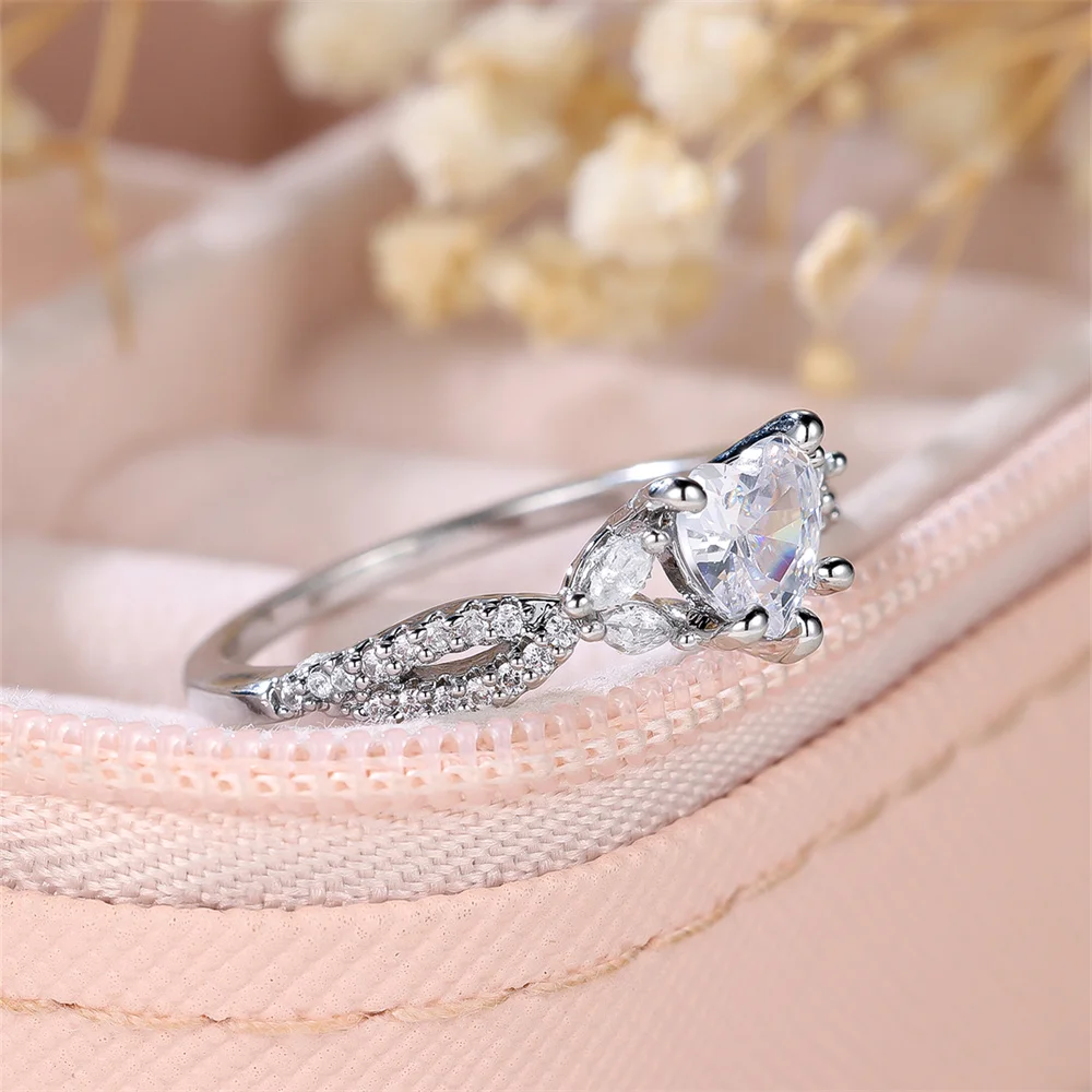 White Zircon Small Heart Stone Rings For Women Classic Silver Color Wedding Band Engagement Jewelry Accessory Mother's Day Gifts