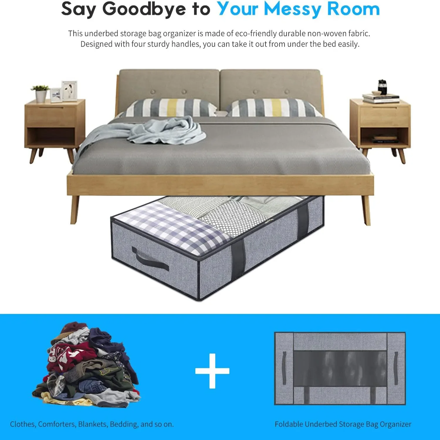 2 pieces under the bed quilt storage bag with cover can be folded, can be used for bedding clothes toys with 4 reinforced handle 3