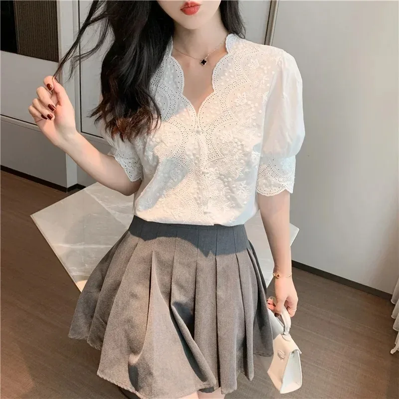 Women's Embroidery Hollow Out Blouse Casual White Tops Short Sleeve Blouses Sweet Summer 2025 13102
