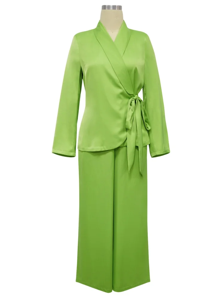 Wmstar Two Piece Sets Women Wholesale Fall and Winter Solid Color Suit Collar Tie Top Cardigan Wide Leg Pants Set Drop Shopping