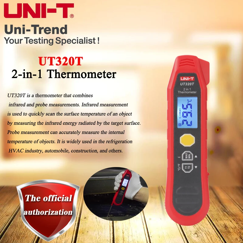 

UNI-T UT320T IP54 rated 2-in-1 Thermometer; Infrared/Thermocouple Probe Temperature/Emissivity Adjustable