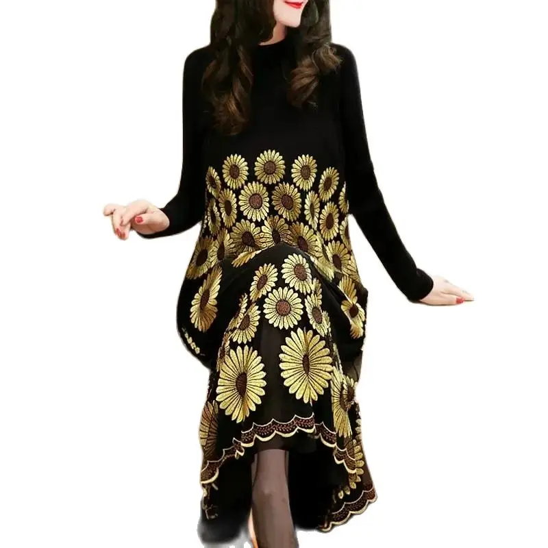 

Autumn and Winter Fashion Loose Dresses Elegant Knitted Spliced Mesh Embroidered Skirt Korean Edition Lace Skirt for Women