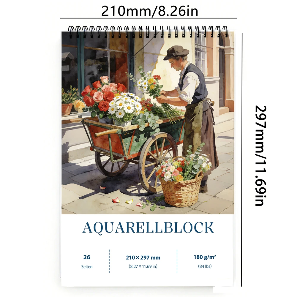 아쿠아렐블록 A4/A5, 180g/m², 26매, 스파이럴 바인딩, 무산지, 아쿠아렐, 구아슈, 수묵화용 고중량 드로잉 용지, 이상적