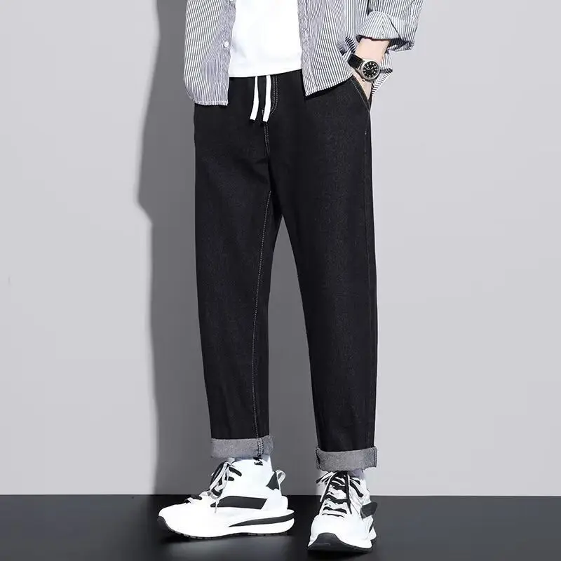 Spring New Hong Kong Style Trendy Loose Wide Leg Jeans Men's Elastic Waist Drawstring Pocket Men's Trendy Casual Straight Pants