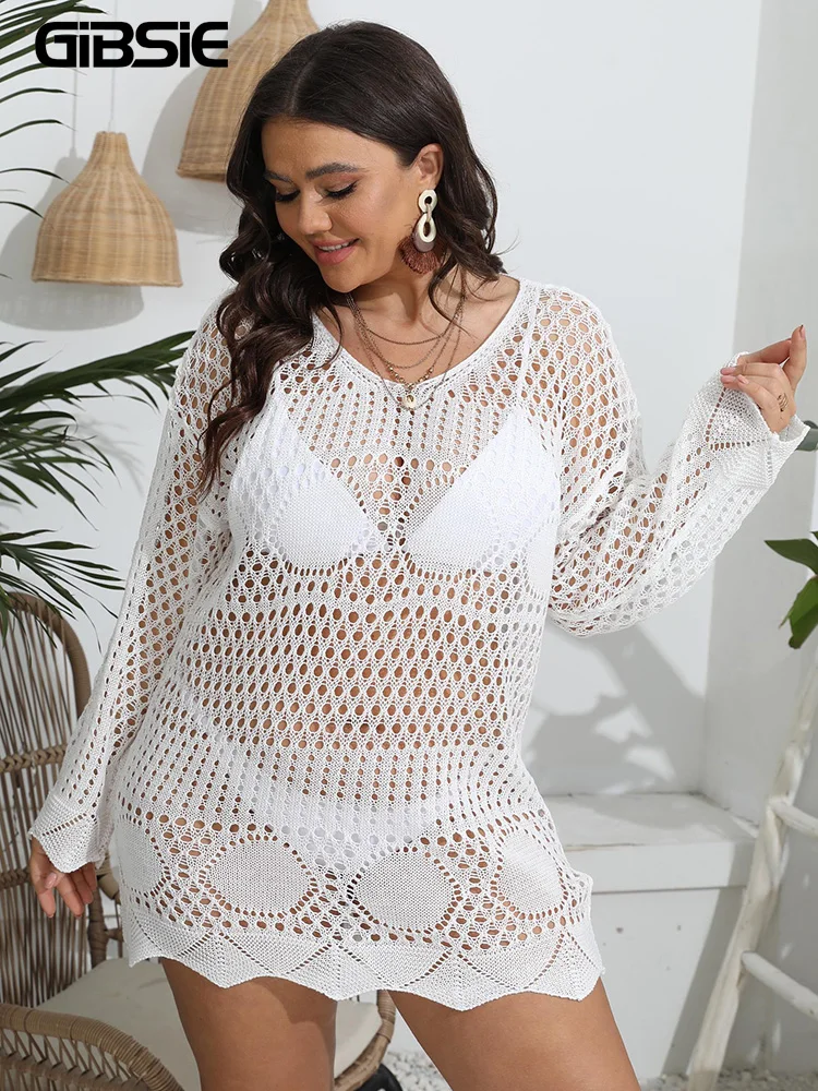 GIBSIE Plus Size 2023 Bikini Cover Up For Women Summer Sexy See Through Hollow Out Long Sleeve Holiday Knitted Beach Tunic Dress 5