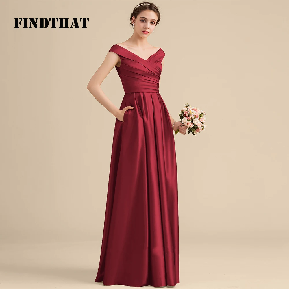 

Findthat Elegant V-Neck Ruched Satin Bridesmaid Dress 2024 Floor Length A-Line Evening Party Gown with Pockets Vestidos De Gala