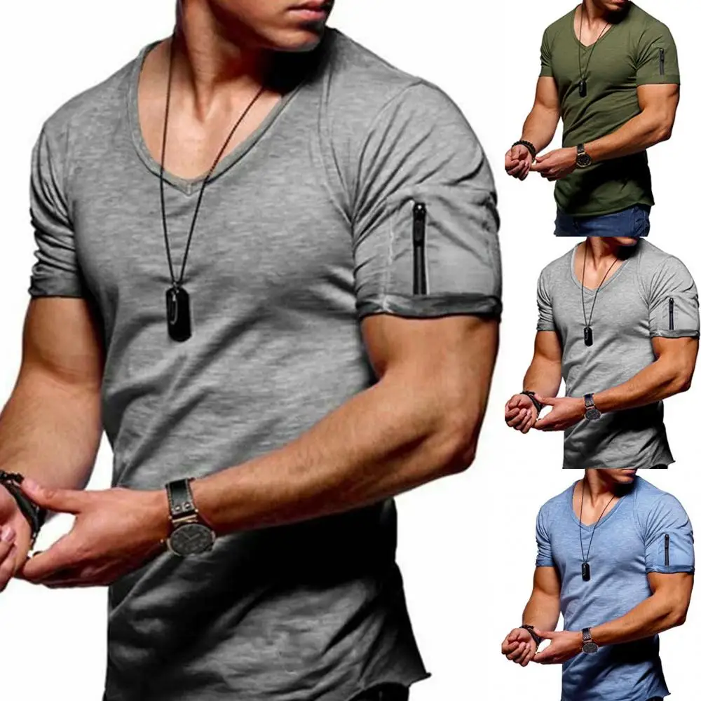 

Men T-Shirt Solid Color Zip Pocket V Neck Short Sleeve T-shirt Fit Plus Size Tee stylish Top Summer 2021
