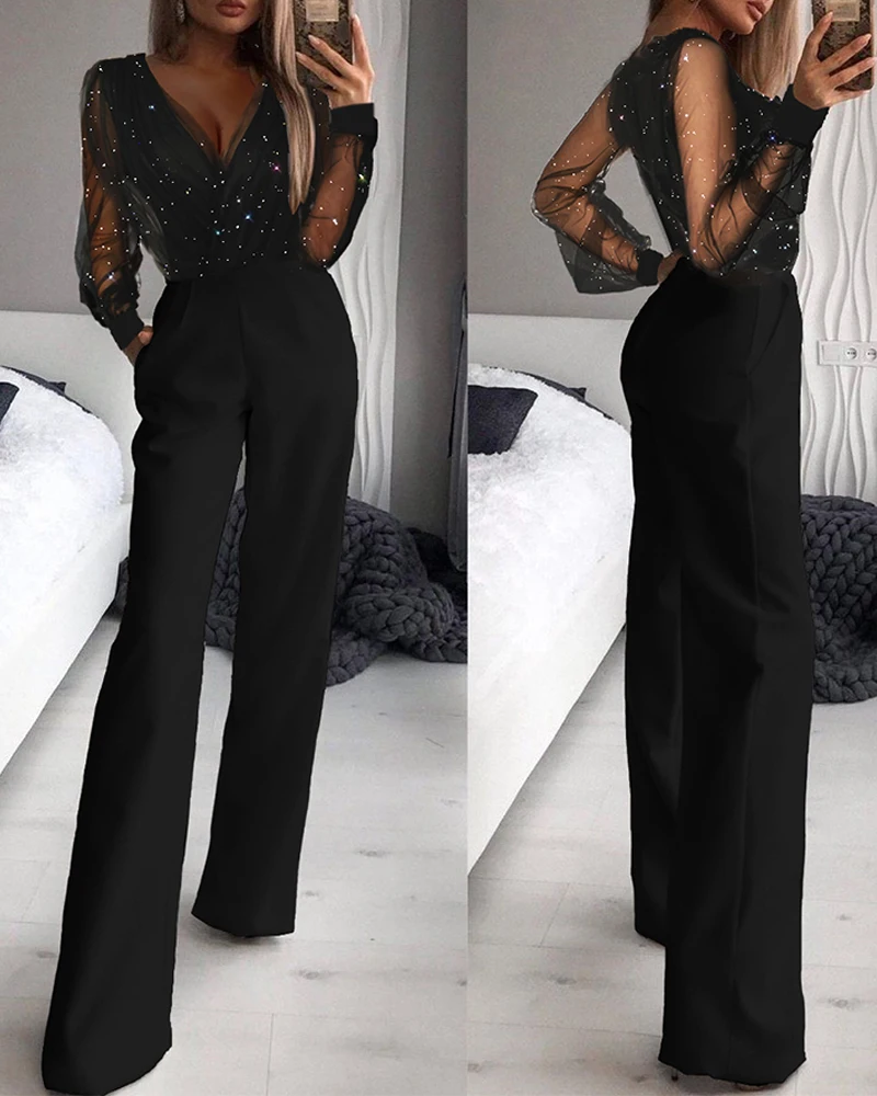 Autumn Party Women elegant V Neck Fashion Office Jumpsuit Long Sleeve Business Spring Wide Leg Pants Sequin Sheer Mesh Romper