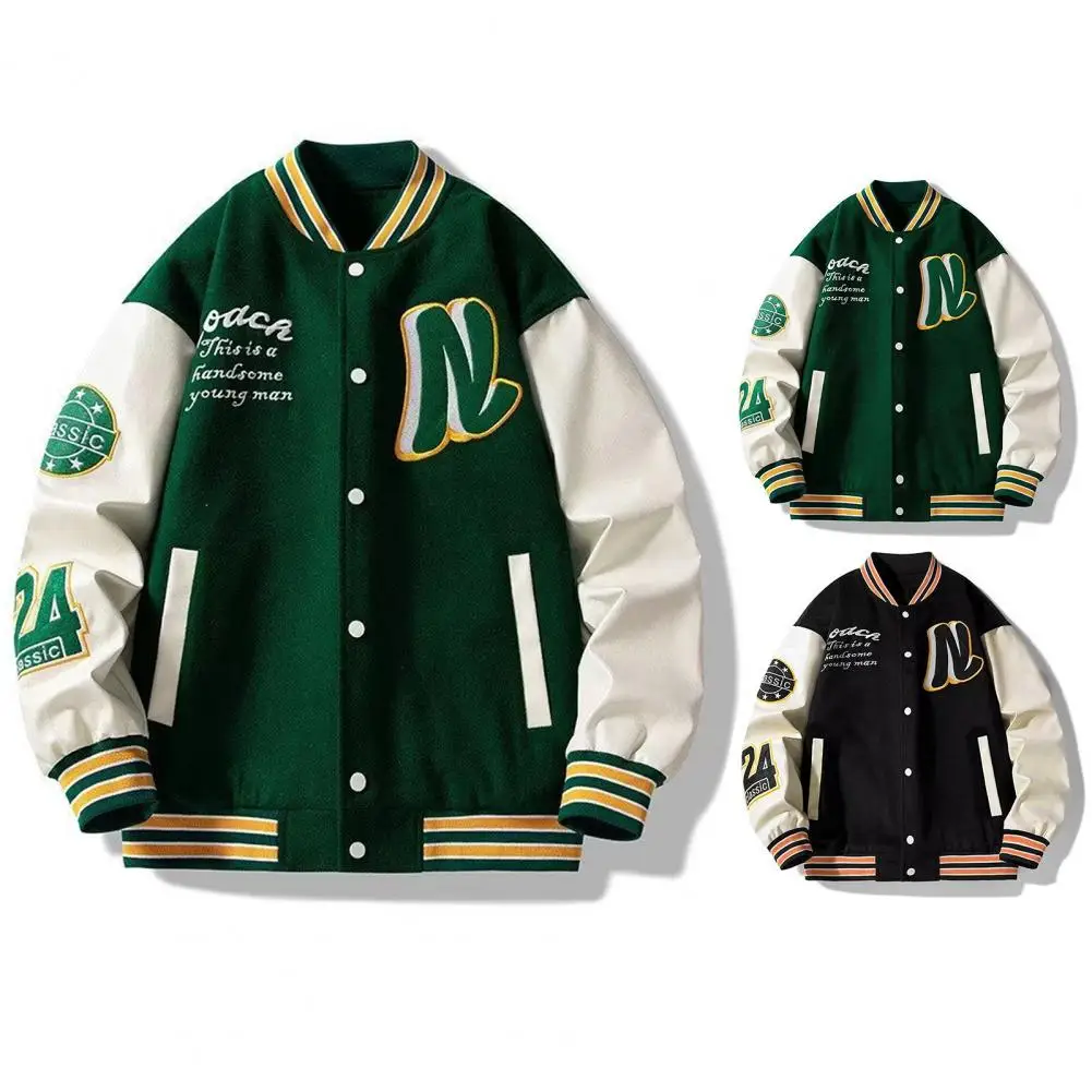 

Men Baseball Jacket Striped Letter Pattern Men's Stand Collar Baseball Coat Loose Fit Thick Single-breasted Cardigan