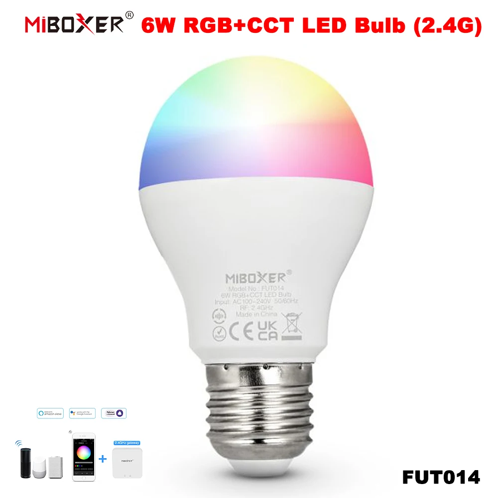 Miboxer FUT014 AC100-240V E27 Smart 2.4GHzRF TUYA 6W RGB+CCT Color Temperature/Brightness Adjustable APP Voice Control LED Bulb