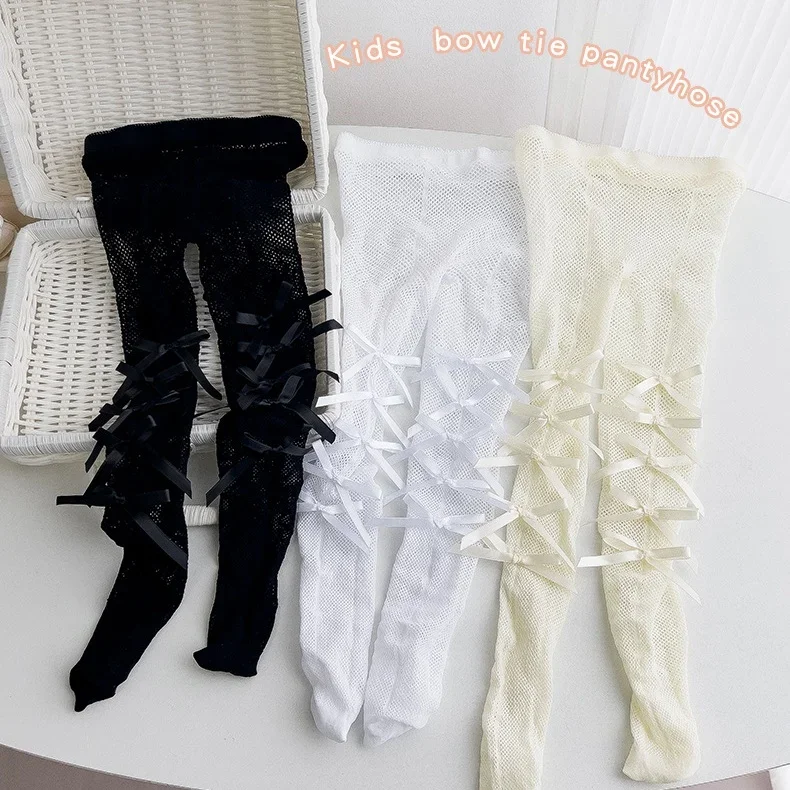 Summer Children Tight for Kids Girl Sweet Princess Bowknot Pantyhose White Black Thin Soft Breathable Fishnet Stocking Socks