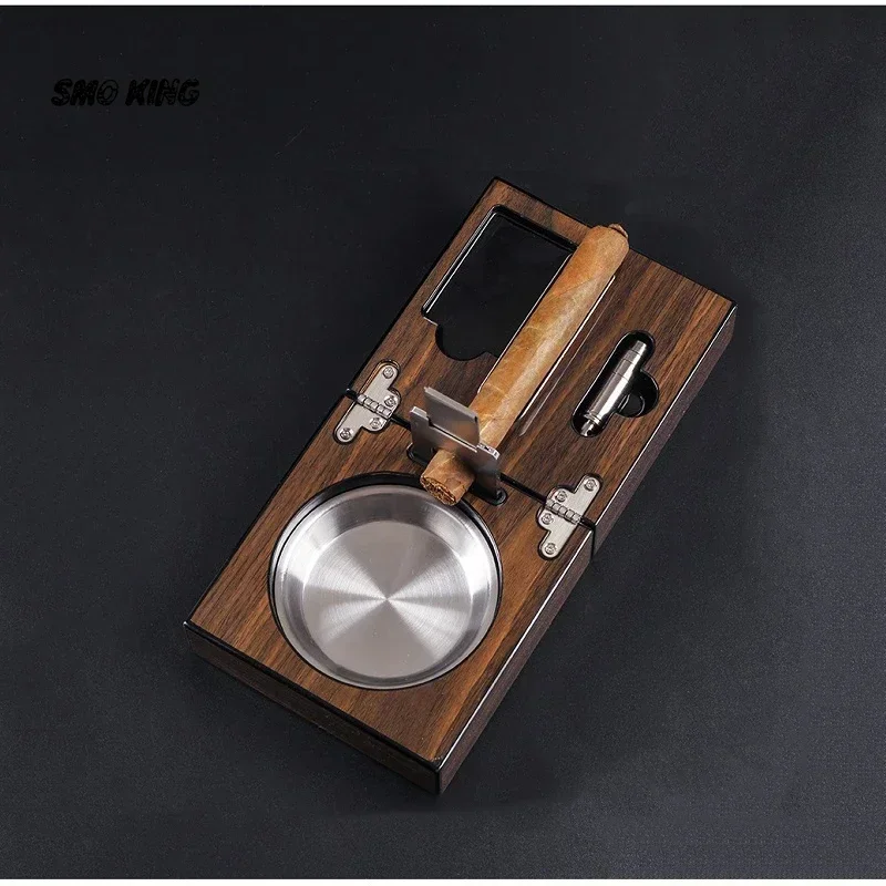 

Portable Stainless Steel Cuban Cigar Ashtray with Foldable Walnut Wood Box Cigar Cutter Holder Hole Opener Cigarette Accessories