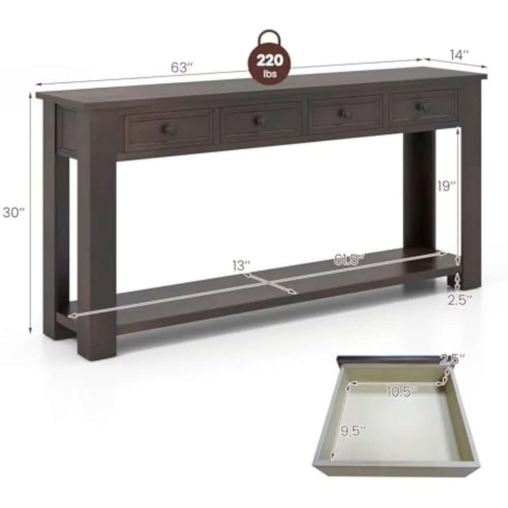 Farmhouse Entryway Table, Narrow Console Table w/ 4 Storage Drawers & Open Shelf, Rustic Long Sofa Table,  Hallway 3