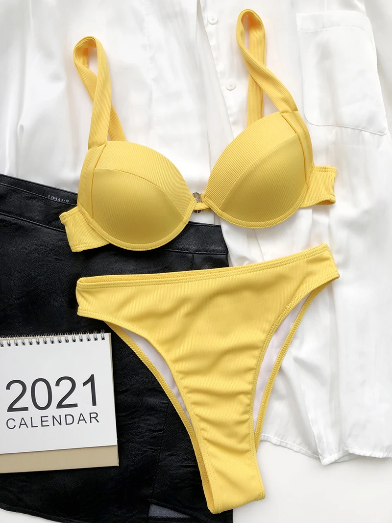 brown bikini set Ribbed Underwire Bikini Set Swimsuit for Women New Solid Swimwear 2022 High Waist Bathing Suit Summer Push Up Bikinis Beachwear bikini set sale