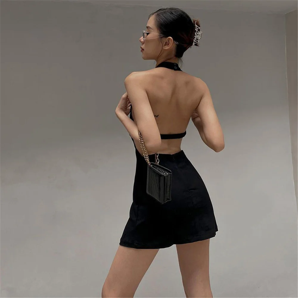 

Summer Women Sexy Backless Sleeveless A-Line Mini Dress Solid Color Halterneck High Waist Evening Party Dress Nightclub 2022