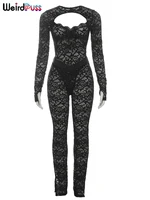 Weird Puss See Through 2 Piece Set Women Sexy  Hollow Jacquard Backless Bodysuit+Leggings Tight Activity Clubwear Skinny Outfits - Image 6