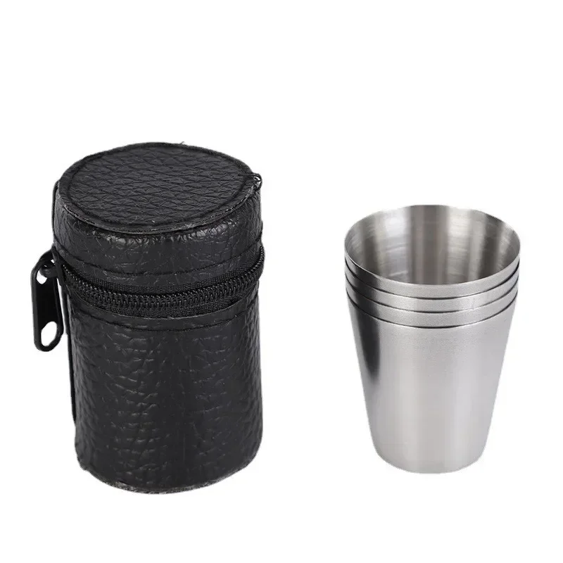 4-Piece Stainless Steel Travel Cup Set with PU Leather Case for Outdoor Camping and Picnic