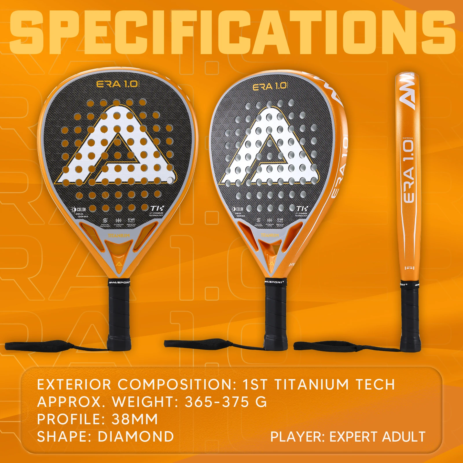 AMA SPORT 1St Titanium Gold Padel Rackets with Precision Holes,Anti-Vibration System High-Performance Titanium Pala de Padel