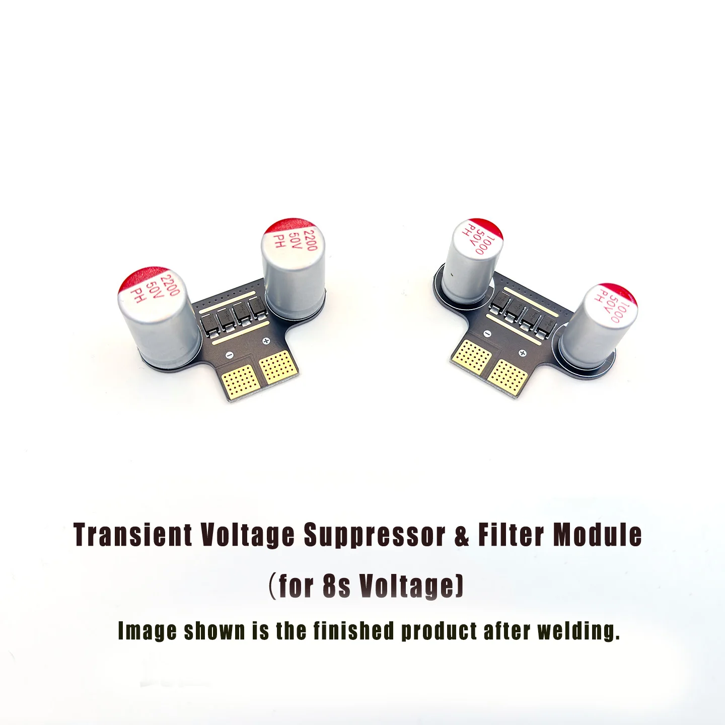 Condensateur 2200uF 8s pour drone FPV, vue latérale montrant taille et forme cylindrique, filtre alimentation