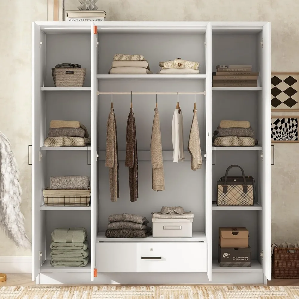 Modern four door wardrobe with drawers, vanity mirror and hanging basket, clothing storage cabinet, independent wardrobe 3