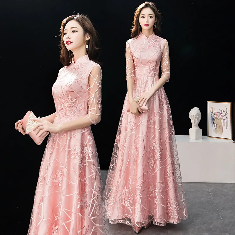 

Harajpee Chinese Bridesmaid Dress Women 2024 New Pink Banquet Atmospheric Host Dresses Slimming Mid Sleeved Long Evening Gown