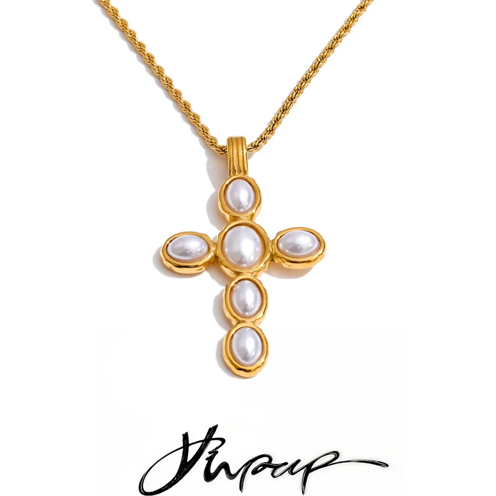 Yhpup Simulated Pearls Pendant Necklace 18K Golden PVD Plated Stainless Steel