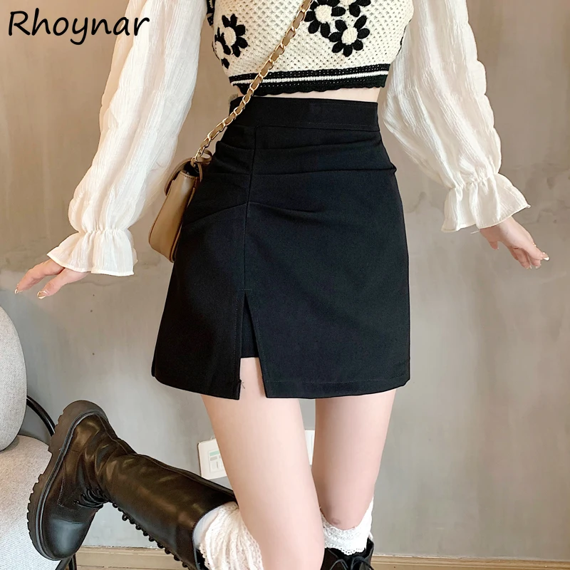 

Solid Skirts Women Simple All-match Leisure Daily Design Pleated High Waist Side-slit Korean Style Trendy College Summer Girls