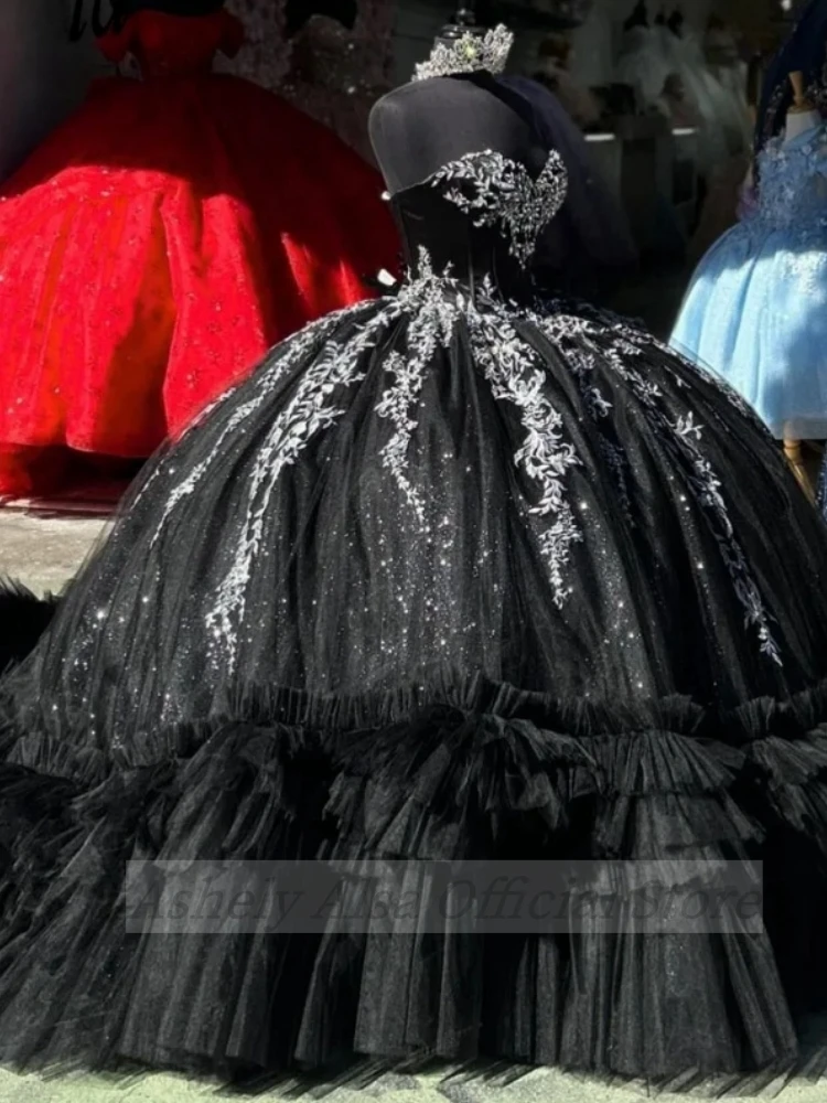Mexico Black Sweetheart Quinceanera Dress Lace Appliques Corset Prom Dress 3D Flowers Ball Gown Sweet 16 Party Robe De Bal