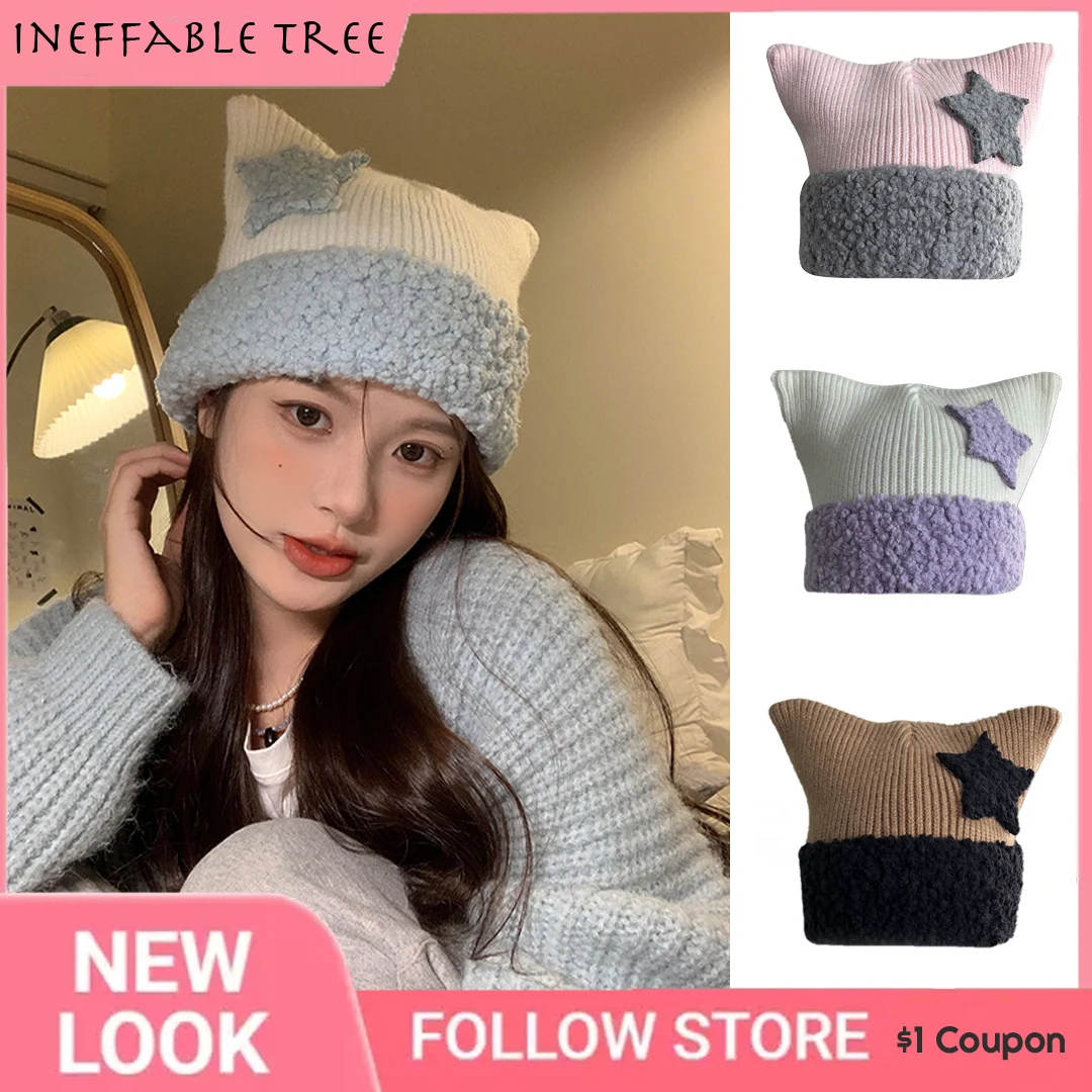 

Y2k Lolita Cute Star Cat Ear Beanies Hats for Women Winter Warm Pullover Ear Protection Retro Knitted Hat Bonnet Casquette Homme