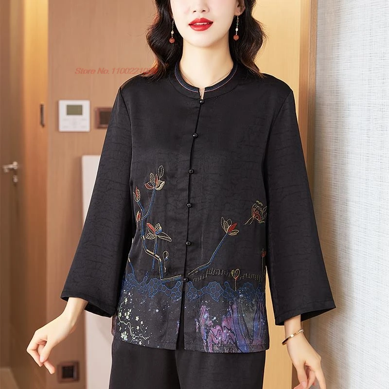 

2024 traditional chinese vintage blouse national flower embroidery satin coat oriental retro tea service hanfu ethnic jacket