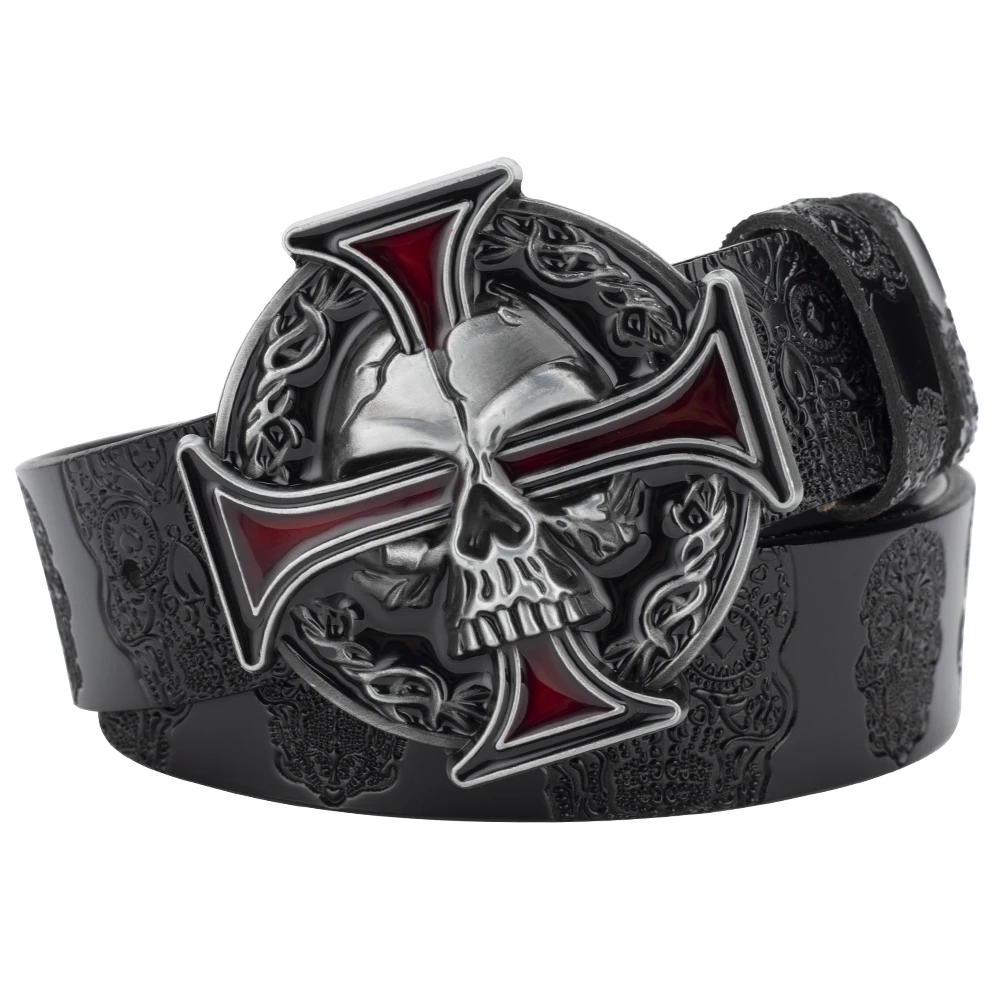 Totenkopf-Ledergürtel mit geprägtem Muster, Rindsleder, modische Schnalle für Herren